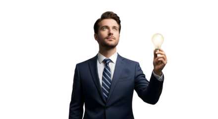 An elegant man holding a light bulb, symbolizing creativity and innovation, isolated on transparent background
