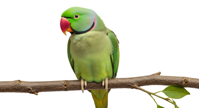 Green Indian ringneck parrot, with pink beak and black neck ring perched on a branch, cutout, PNG isolated on white or transparent background