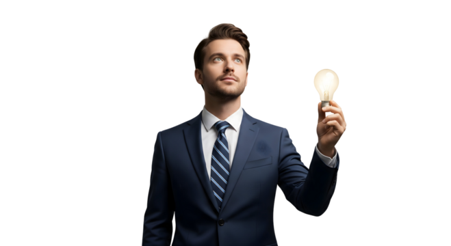 An elegant man holding a light bulb, symbolizing creativity and innovation, isolated on transparent background