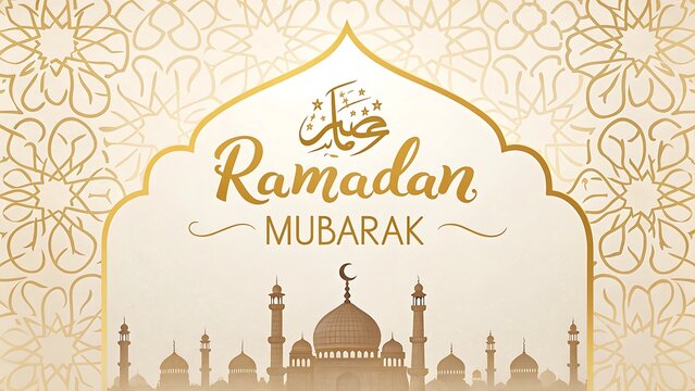 Beautiful ramadan mubarak greeting with mosque silhouette and intricate golden pattern