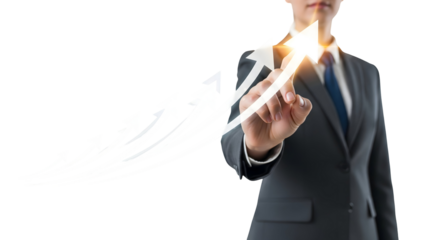 A person pointing at an upward arrow, symbolizing growth and progress. The person is dressed in a business suit. The arrow symbolizes growth, progress, and success, isolated on transparent background