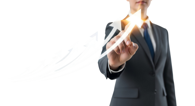 A person pointing at an upward arrow, symbolizing growth and progress. The person is dressed in a business suit. The arrow symbolizes growth, progress, and success, isolated on transparent background