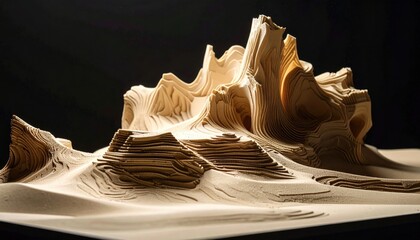 Layered terrain model sculpture illuminated with stark lighting showcasing abstract, geological formations in neutral tones