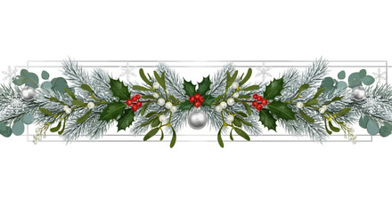 Celebrate the holiday season with this winter greenery garland featuring pine, holly, mistletoe and silver accents, perfect for festive designs and cards