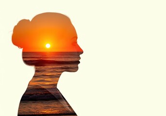 Double exposure of a thoughtful woman profile and a vibrant ocean sunset