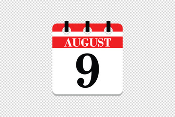 9 August Calendar icon vector, 9 dates of August month calendar icon, dates of August 9 icon calendar, vector calendar icon.