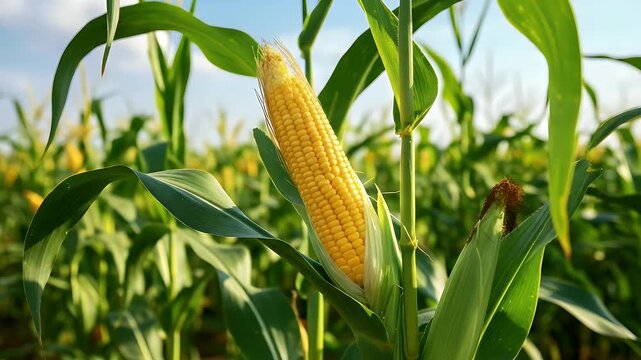 Sun-kissed cornfield waving in the breeze, ripe corn ready for harvest in the golden hour light, showcasing rural beauty
