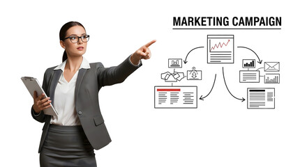 A focused woman pointing to a diagram representing a marketing campaign. She is holding a clipboard, isolated on transparent background