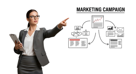 A focused woman pointing to a diagram representing a marketing campaign. She is holding a clipboard, isolated on transparent background