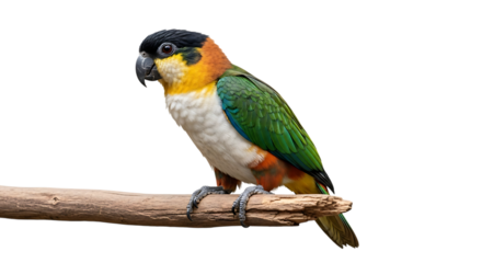 Colorful Caique Parrot, perched on a Wooden Branch, cutout, PNG isolated on white or transparent background