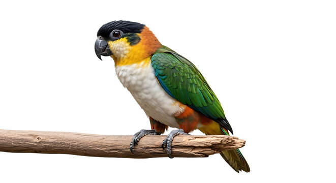 Colorful Caique Parrot, perched on a Wooden Branch, cutout, PNG isolated on white or transparent background