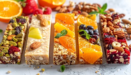 Assortment of delicious healthy energy bars with various fruits and nuts photo