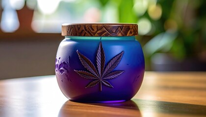 Jar with cannabis leaf design on a wooden table with a blurred green background in a naturally lit room