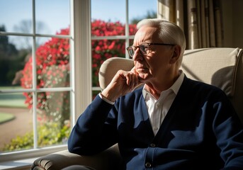 Elderly gentleman with silver hair and glasses looking out a window