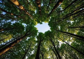 Fototapeta premium Worms eye view of lush green forest canopy with sunlight filtering through leaves