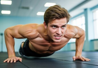 Determined shirtless man performing a challenging push up exercise in a gym