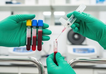 Medical professional gloved hands handling blood samples in test tubes and syringe for laboratory analysis