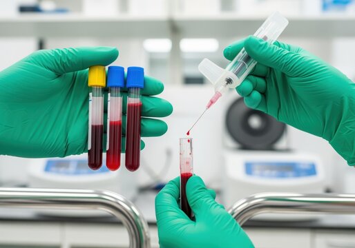 Medical professional gloved hands handling blood samples in test tubes and syringe for laboratory analysis
