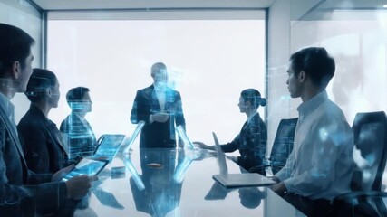 Futuristic business meeting with digital interfaces and global connections concept - Powered by Adobe