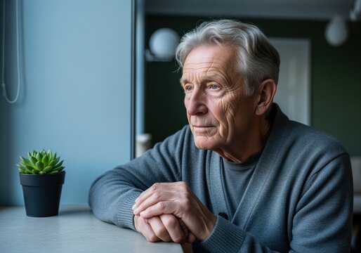 Pensive senior man with grey hair gazing out a window, reflecting on life