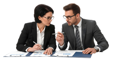 Two professional individuals engaging in a focused discussion. They are likely discussing a document, planning, or working on a project, isolated on transparent background