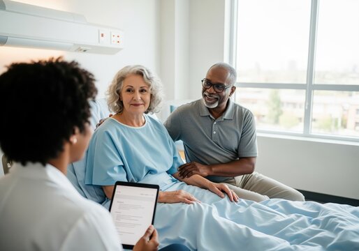 Caring doctor consults with senior patient and supportive husband in hospital room
