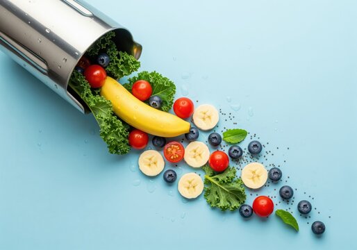 Fresh fruits and vegetables spilling from blender for healthy smoothie