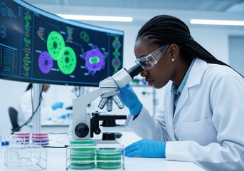 African female scientist using microscope in modern research laboratory