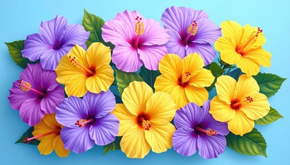 Bright hibiscus blossoms in yellow, pink, and violet hues with green leaves against a soft blue background