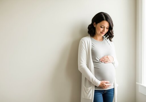 Radiant pregnant woman in second trimester standing against a wall, gently holding her belly