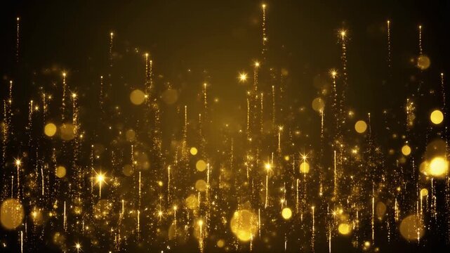 golden christmas lights, fireworks and sprinkles for a holiday celebration like christmas or new year. shiny golden lights. wallpaper background for ads or gifts wrap and web design