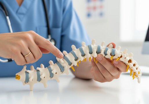 Doctor explaining human spine anatomy model to illustrate medical concepts