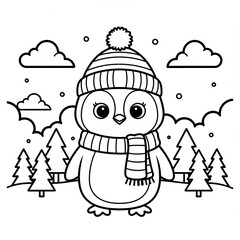 Penguin wearing winter hat and scarf in forest background