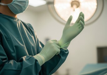 Surgeon preparing for operation, meticulously donning sterile medical gloves