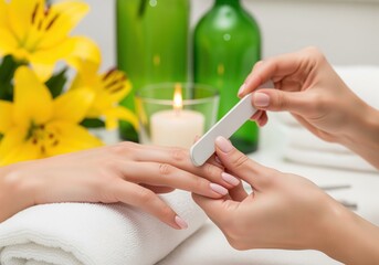 Professional manicure session with nail filing for beautiful hands at a beauty salon