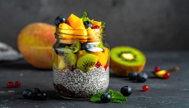 Chia seed pudding layered with colorful fruits in a jar, with a peach and kiwi in the background - Powered by Adobe