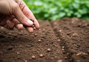 Hand sowing seeds into fertile soil, preparing for new plant growth