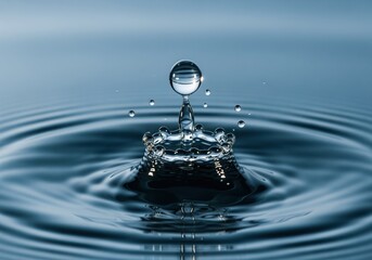 High speed water droplet creating a crown splash with concentric ripples