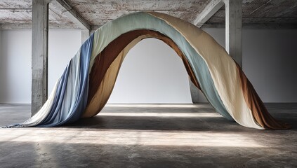 Fabric art installation draped in arch shape in a minimalist white industrial space with concrete floor