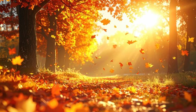 Autumnal path sunbeams stream through trees as fallen leaves drift on a forest floor carpeted in shades of orange and red