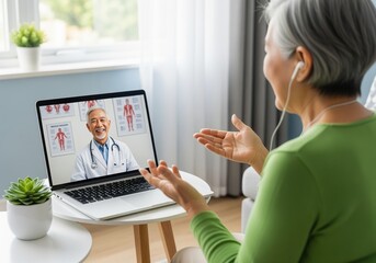 Senior asian woman consults doctor via telemedicine video call on laptop