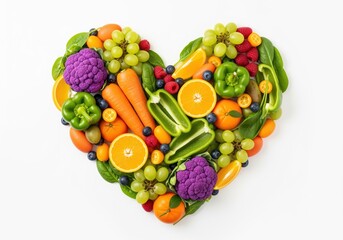 Vibrant heart shape of fresh fruits and vegetables for healthy eating