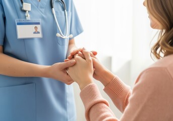 Compassionate healthcare worker holding patient hands for comfort