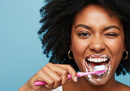 Young black woman joyfully brushing teeth with pink toothbrush and toothpaste foam - Powered by Adobe