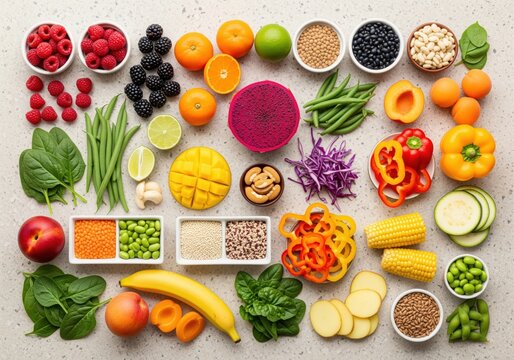 Abundant and diverse superfoods for healthy eating, a vibrant flat lay of fresh produce