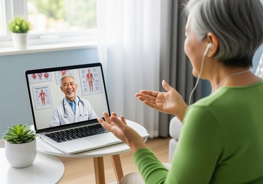 Senior asian woman consults doctor via telemedicine video call on laptop - Powered by Adobe