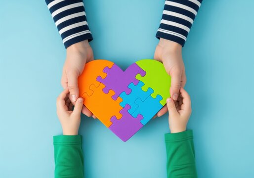 Adult and child hands holding a vibrant heart puzzle symbolizing support and unity