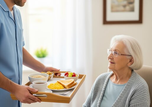 Male caregiver serving healthy breakfast to smiling senior woman at home