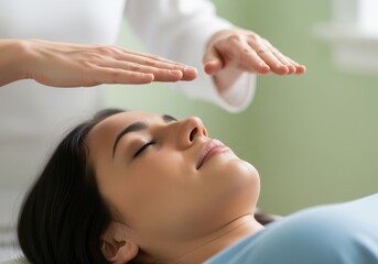 Relaxed woman experiencing reiki energy healing for wellness and balance