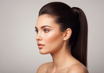 Obraz premium Elegant young woman profile portrait with sleek dark hair and ponytail
